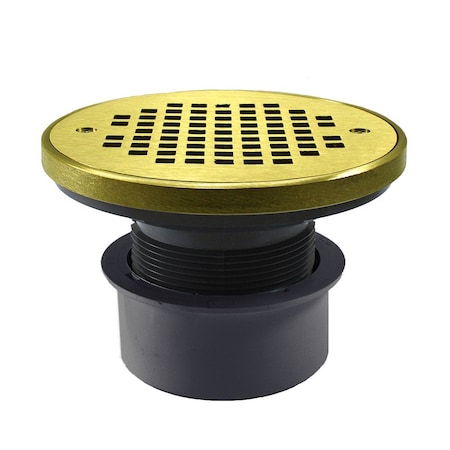 Jones Stephens 3in PVC Inside Pipe Fit Drain Base with 2in Plastic Spud and 4in Polished Brass Strainer with Ring D53160